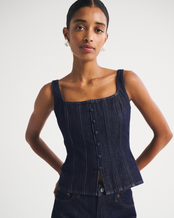Tie-Back Square Neck Denim Top, Rinse view 2