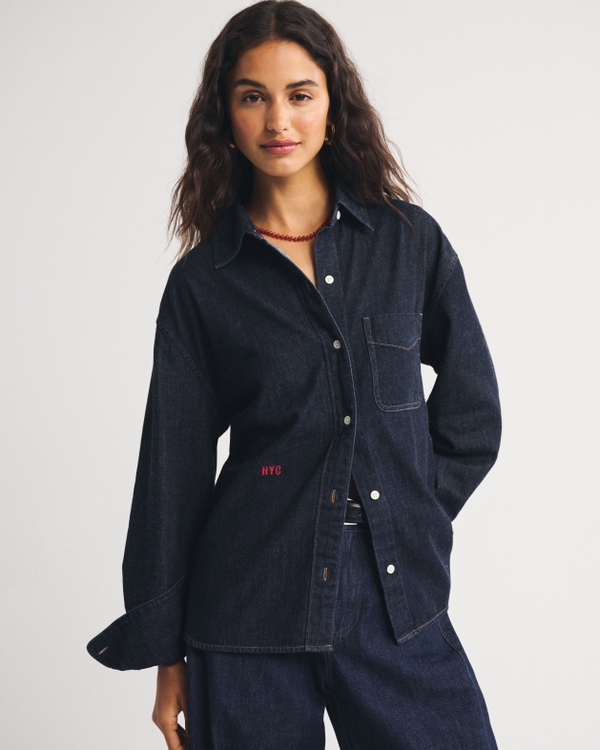 Abbode Oversized Embroidered Denim Shirt, Rinse view 1