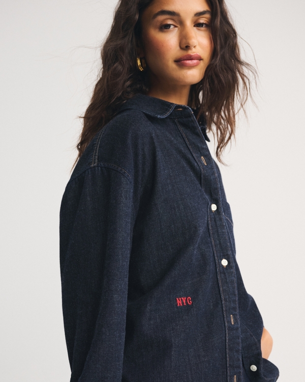Abbode Oversized Embroidered Denim Shirt, Rinse view 2