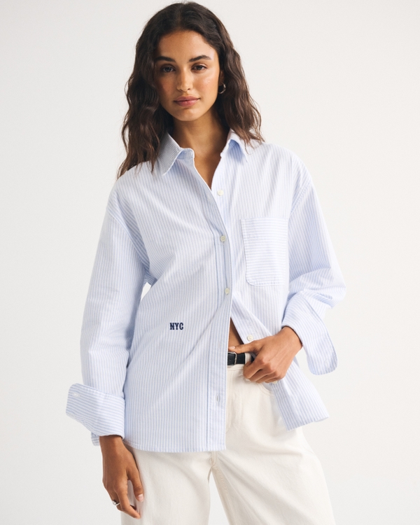 Oversized Embroidered Oxford Shirt, Light Blue Stripe view 1