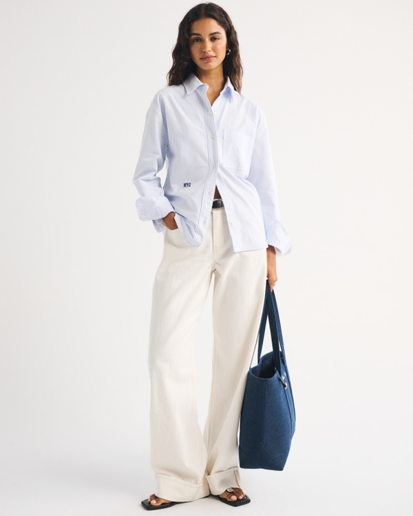 Oversized Embroidered Oxford Shirt, Light Blue Stripe view 2