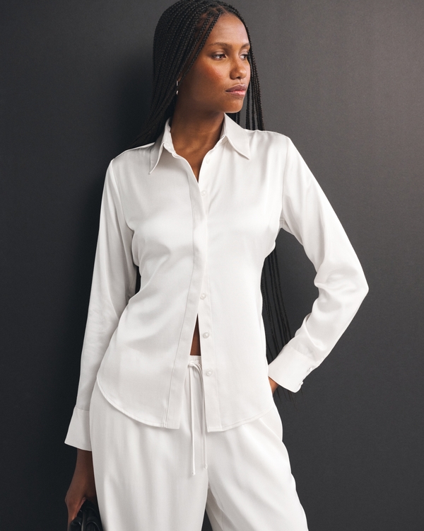 Satin Button-Through Shirt, Cream view 1