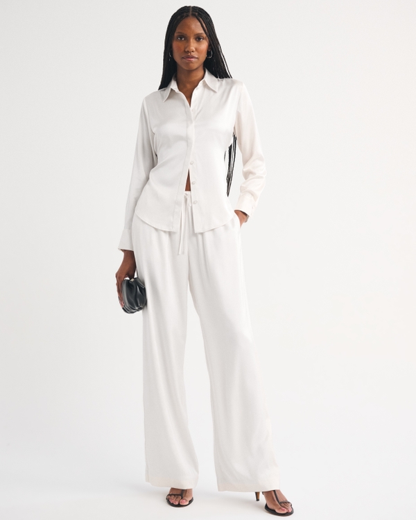 Satin Button-Through Shirt, Cream view 2