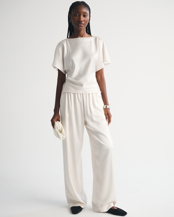 Satin Flutter Sleeve Slash Top, Cream view 1