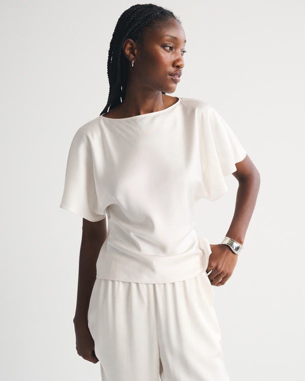 Satin Flutter Sleeve Slash Top, Cream view 2
