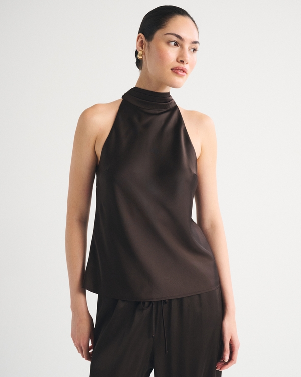 Satin Halter Top, Dark Coffee view 1