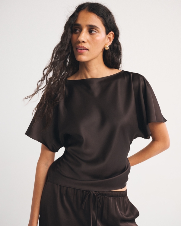 Satin Flutter Sleeve Slash Top, Dark Coffee view 1