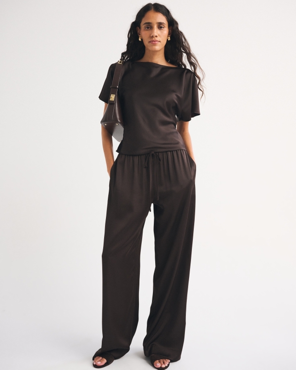 Satin Flutter Sleeve Slash Top, Dark Coffee view 2