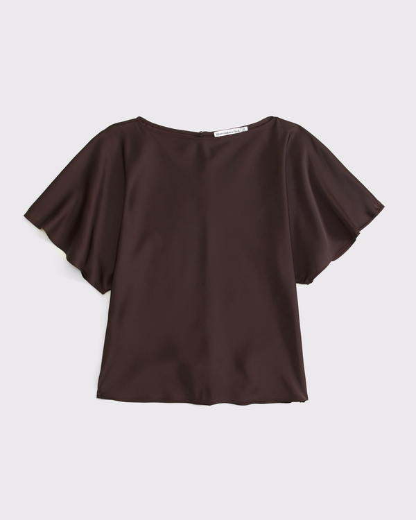 Satin Flutter Sleeve Slash Top, Dark Coffee view 1