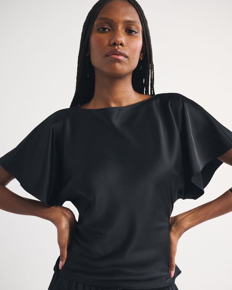 Satin Flutter Sleeve Slash Top - thumbnail 2