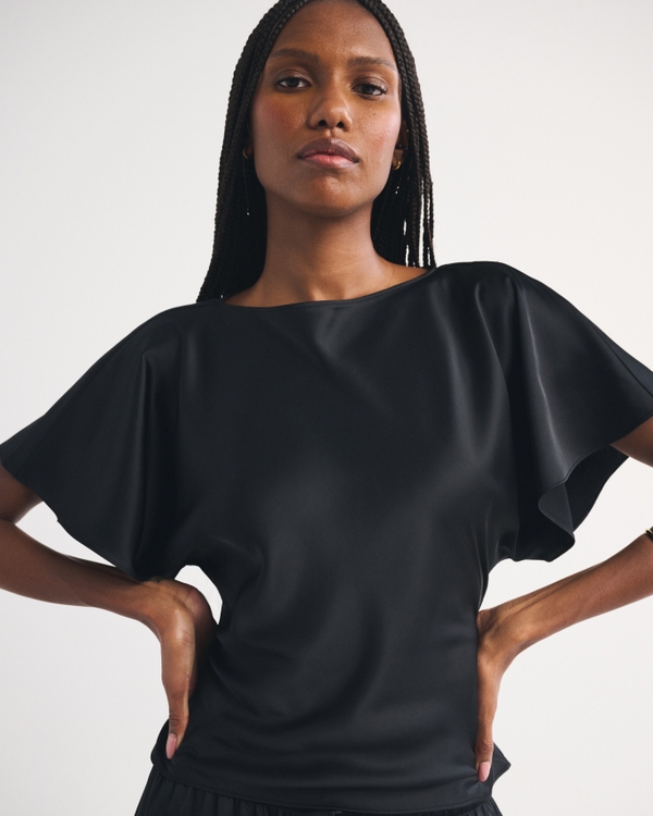 Satin Flutter Sleeve Slash Top, Black view 1