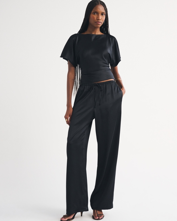 Satin Flutter Sleeve Slash Top, Black view 2