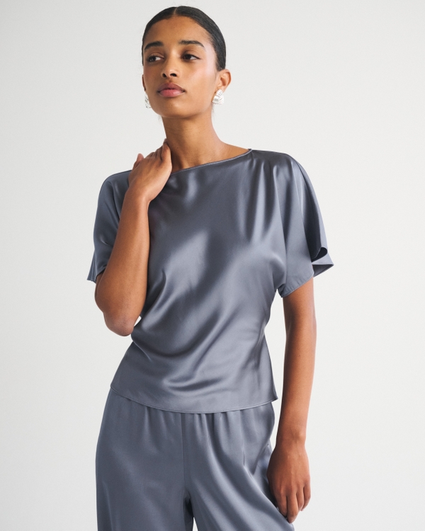 Satin Flutter Sleeve Slash Top, Blue Gray view 1