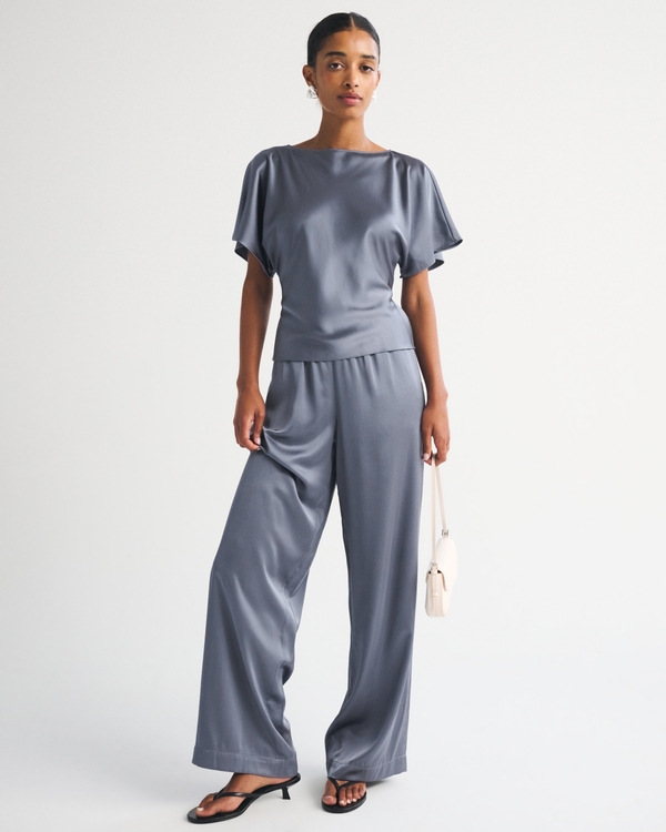Satin Flutter Sleeve Slash Top, Blue Gray view 2