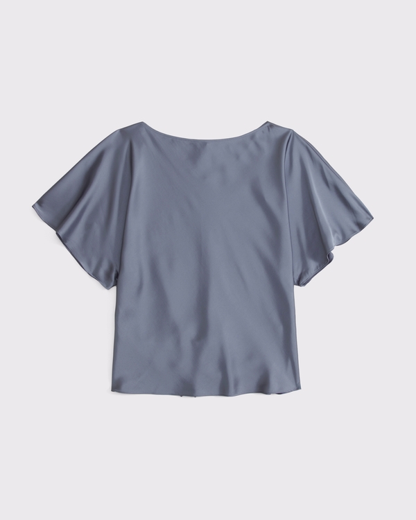Satin Flutter Sleeve Slash Top, Blue Gray view 1