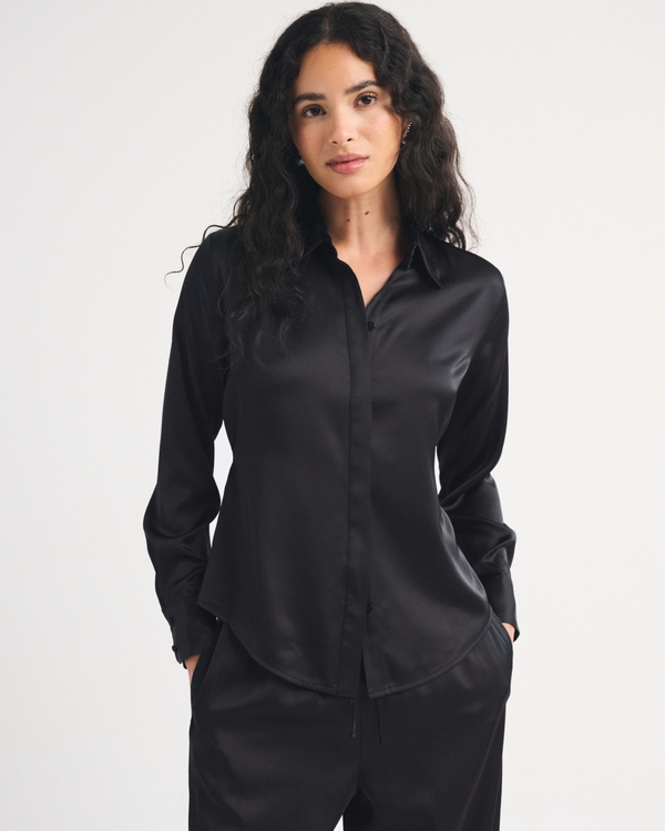 Satin Button-Through Shirt, Black view 1