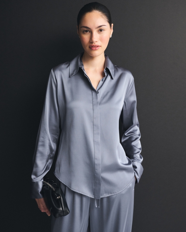 Satin Button-Through Shirt, Blue Gray view 1