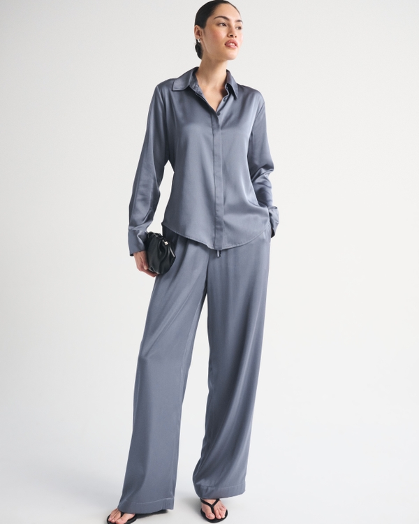 Satin Button-Through Shirt, Blue Gray view 2