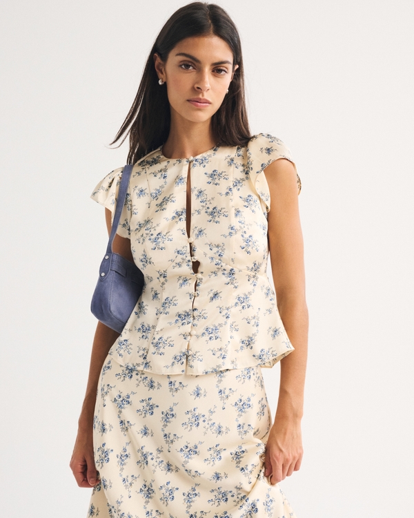 Bra-Free Flutter Sleeve Satin Keyhole Blouse