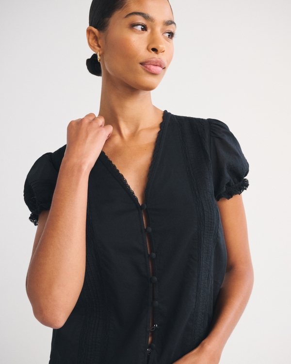 100% Cotton Lace-Trim Button-Up Blouse