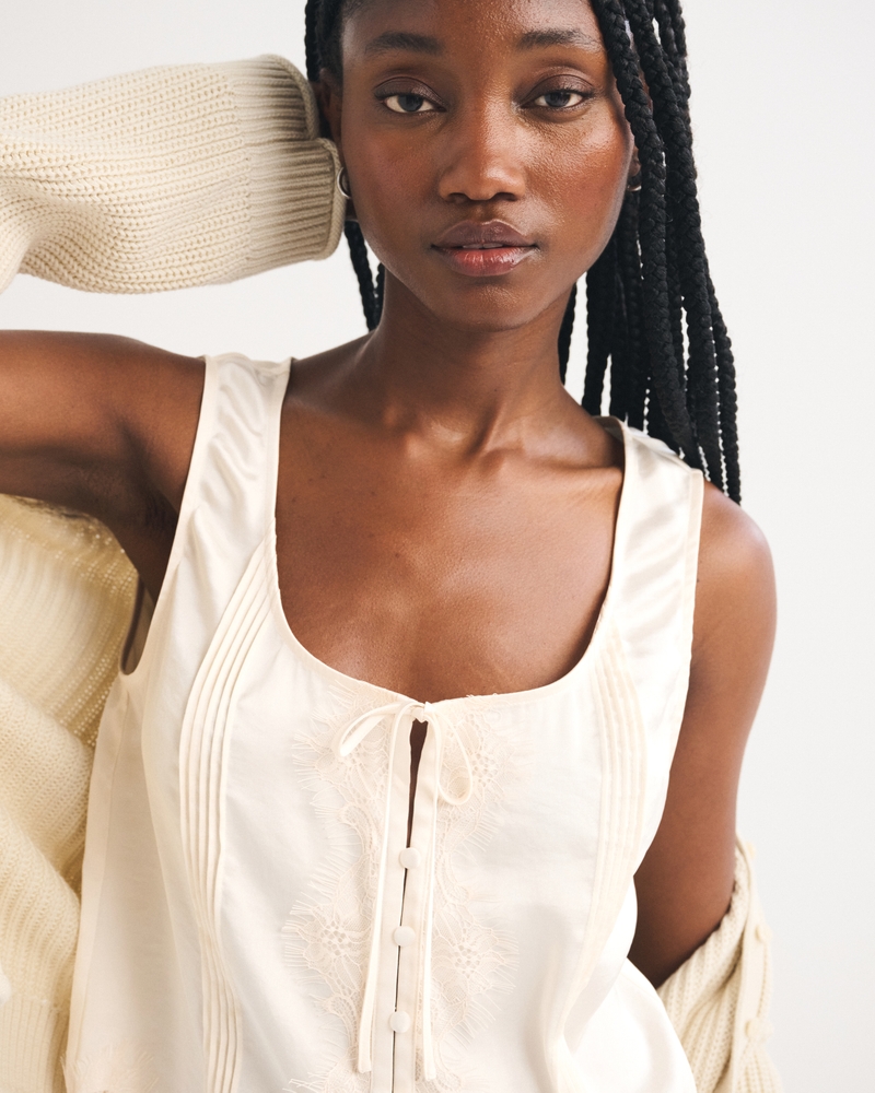 Lace-Trim Pintuck Satin Tank - thumbnail 2