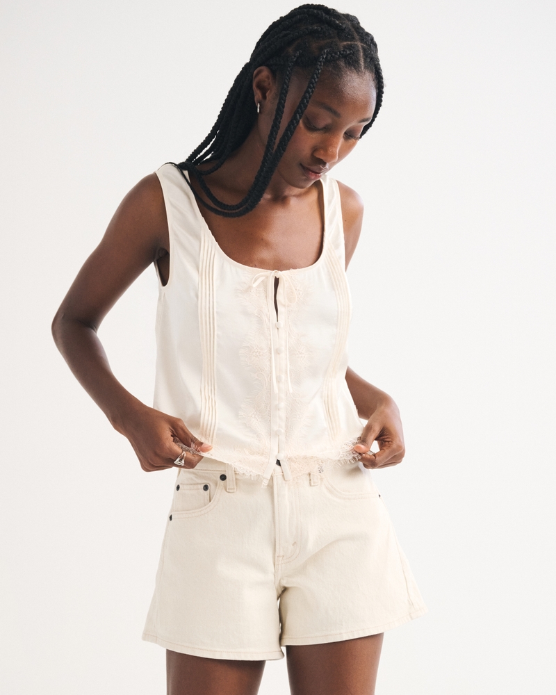 Lace-Trim Pintuck Satin Tank