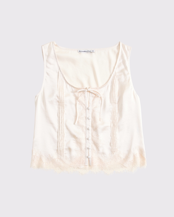 Lace-Trim Pintuck Satin Tank