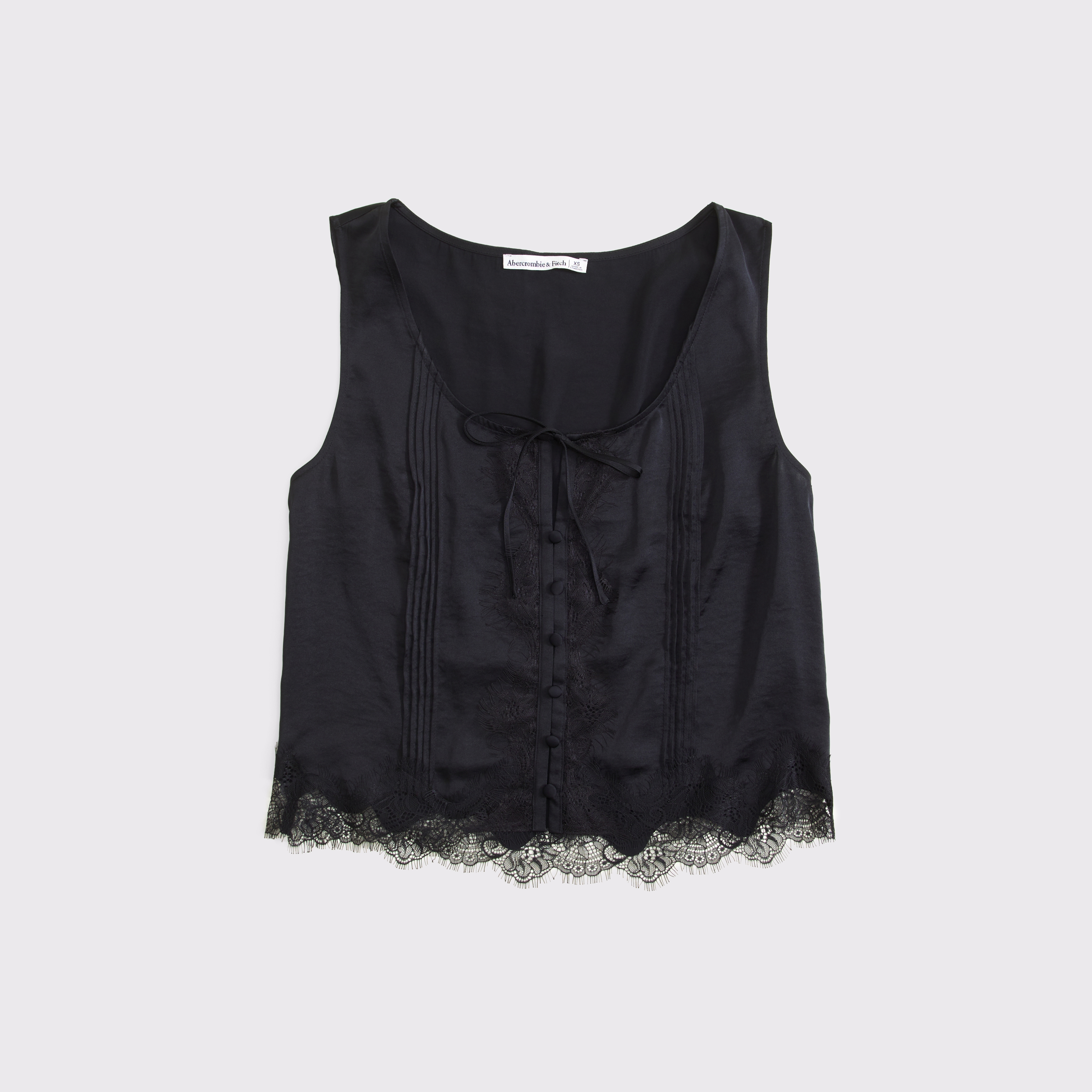Женский топ Abercrombie & Fitch Lace-Trim Satin Tank, цвет: Чёрный — фото 1