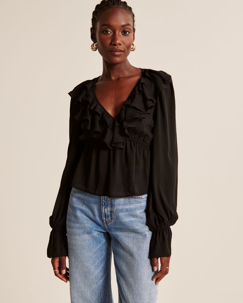 Long-Sleeve Sheer Ruffle Top