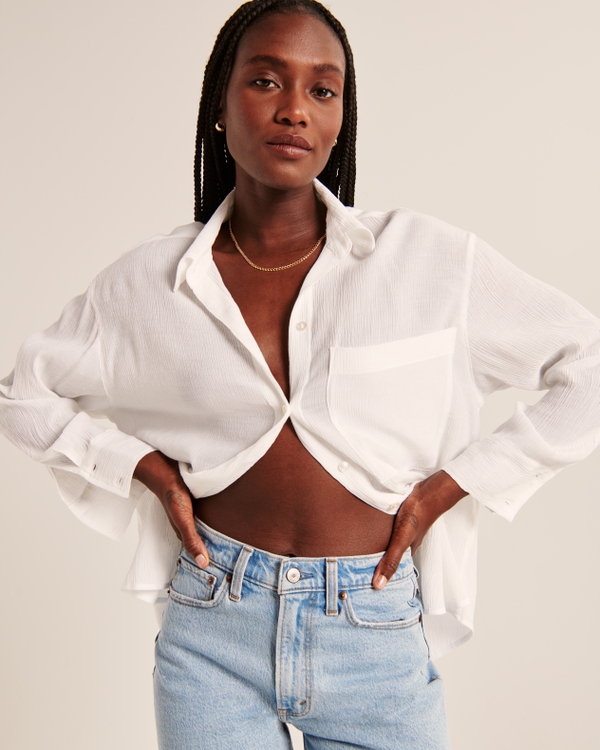 White cropped button up hot sale shirt