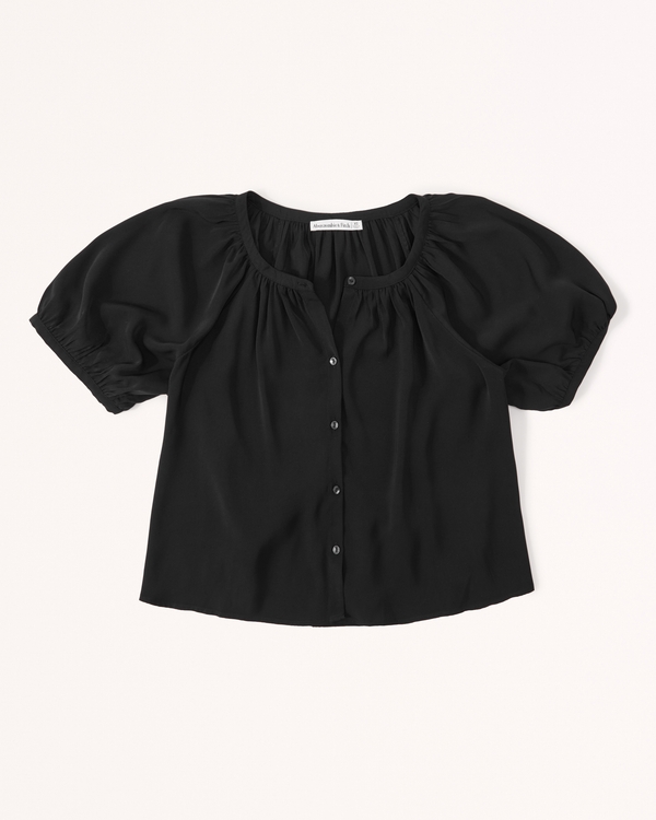 Button-Through Puff Sleeve Top, Black