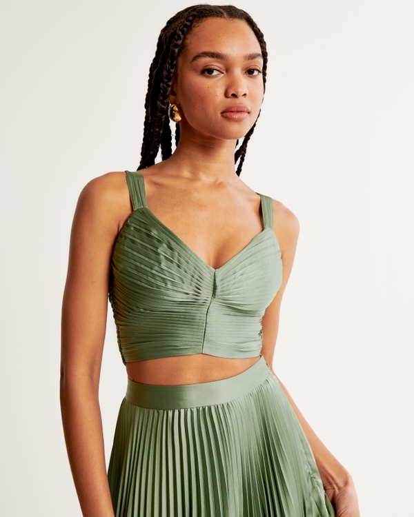 Ruched Plunge Set Top, Green