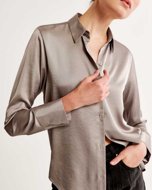 Long-Sleeve Satin Button-Up Shirt, Taupe