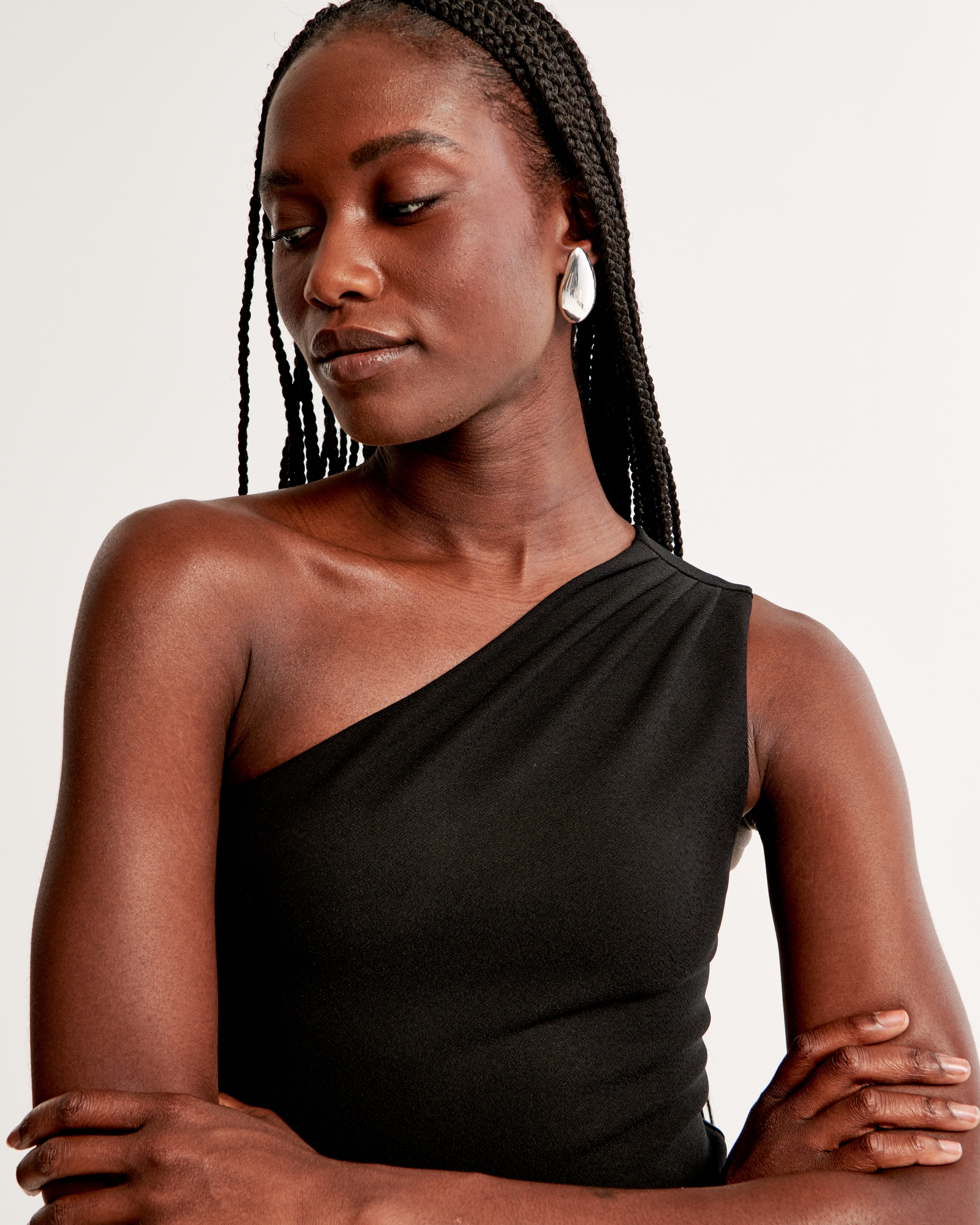 Crepe Asymmetrical One-Shoulder Bodysuit