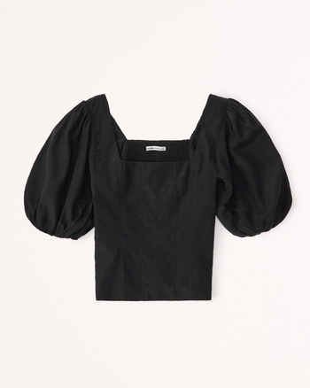 Women's Puff Sleeve Shine Cotton-Blend Squareneck Top