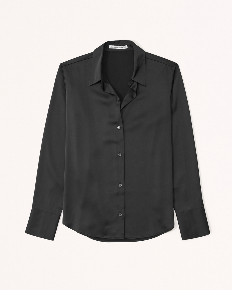 Women's Long-Sleeve Satin Button-Up Shirt in Black | Size L | Abercrombie & Fitch