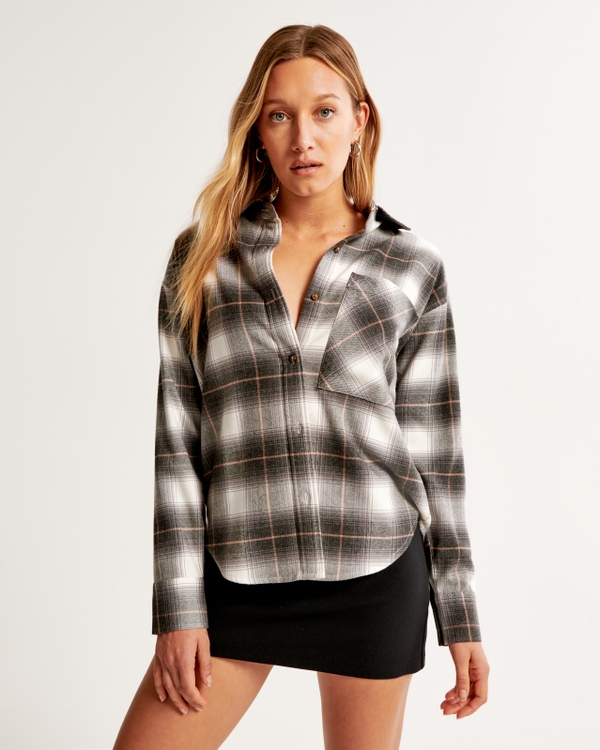 Oversized Flannel Shirt, Grey And Pink Plaid