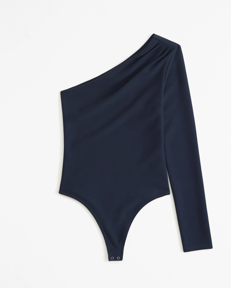 Long-Sleeve Crepe Asymmetrical One-Shoulder Bodysuit