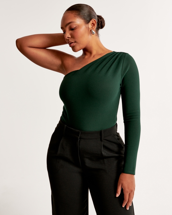 Long-Sleeve Crepe Asymmetrical One-Shoulder Bodysuit, Dark Green