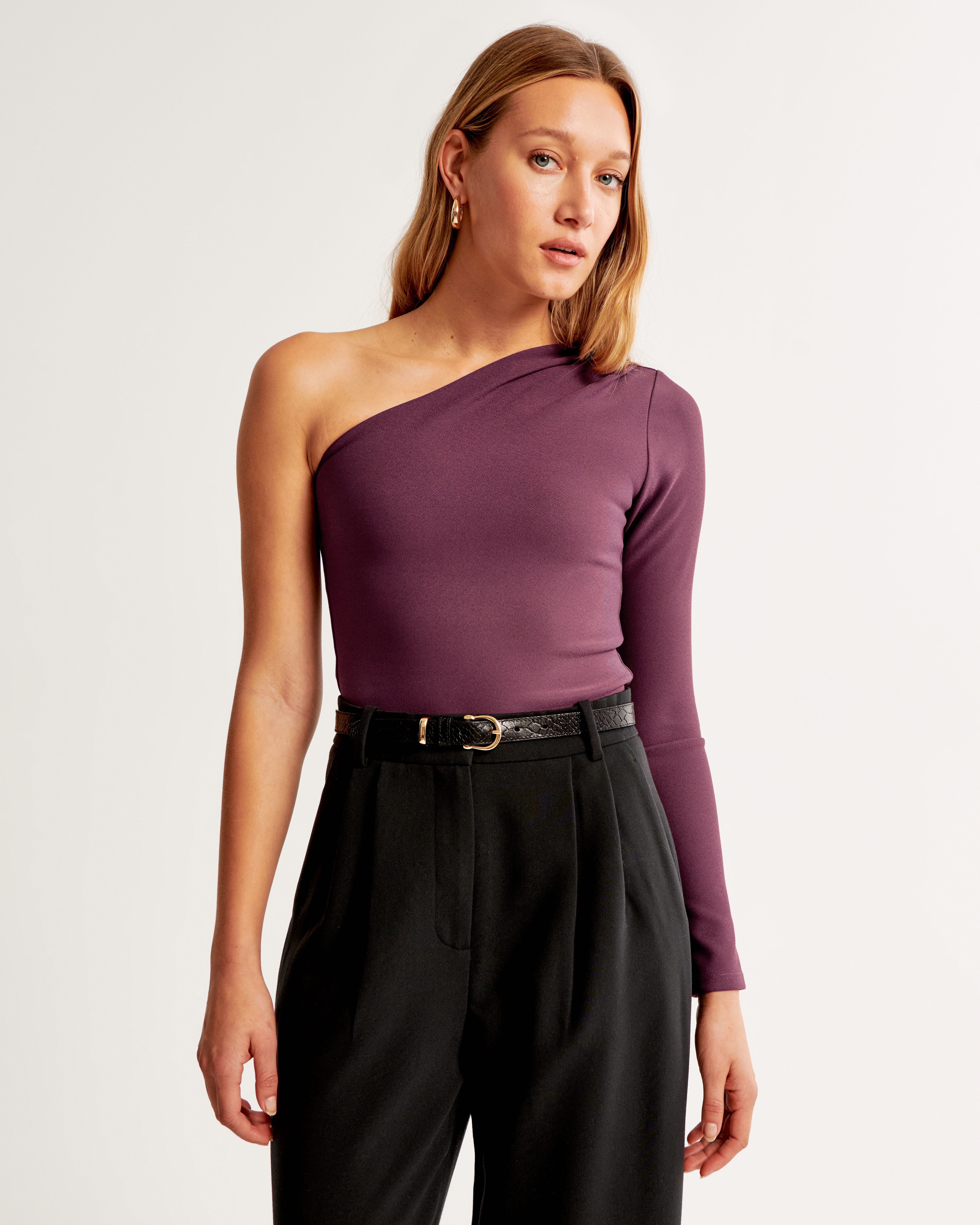 Epaulement 長袖　blk Women's Long-Sleeve Crepe Asymmetrical One-Shoulder Bodysuit