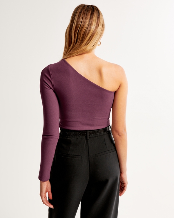 Long-Sleeve Crepe Asymmetrical One-Shoulder Bodysuit