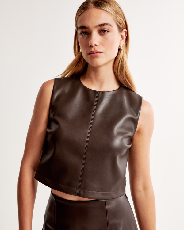 Cropped Vegan Leather Set Top, Dark Brown