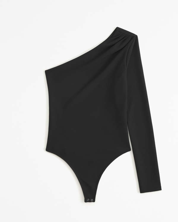 Long-Sleeve Crepe Asymmetrical One-Shoulder Bodysuit, Black view 1