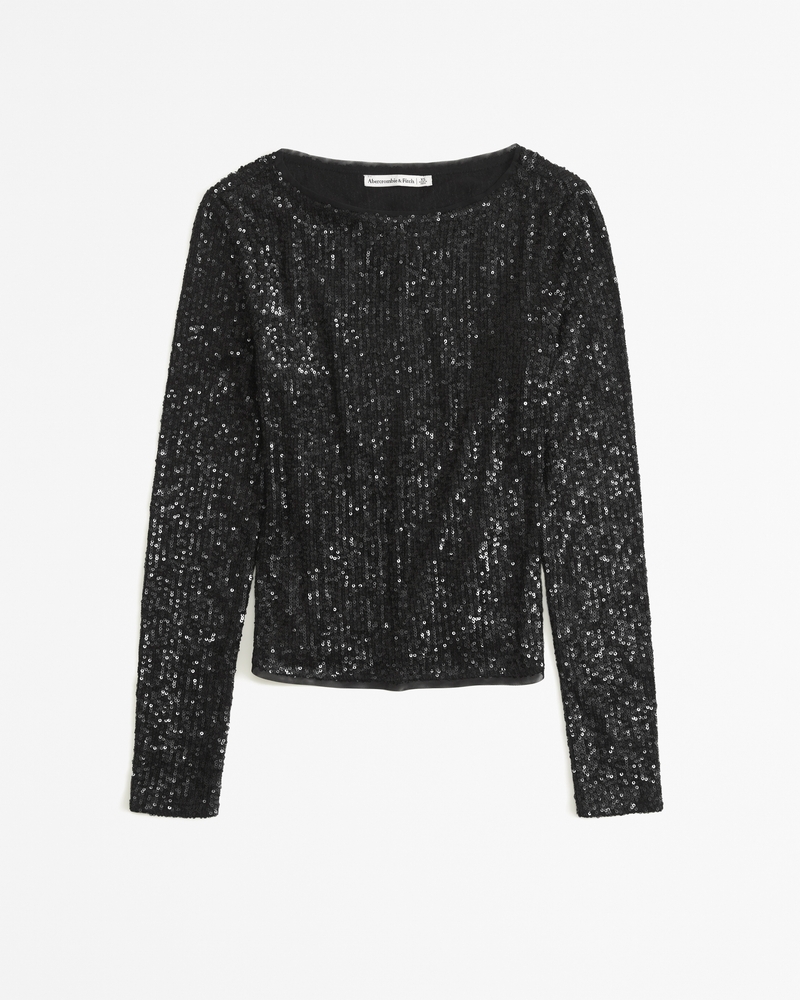 Women s Long Sleeve Sequin Boatneck Top Women s Clearance Abercrombie