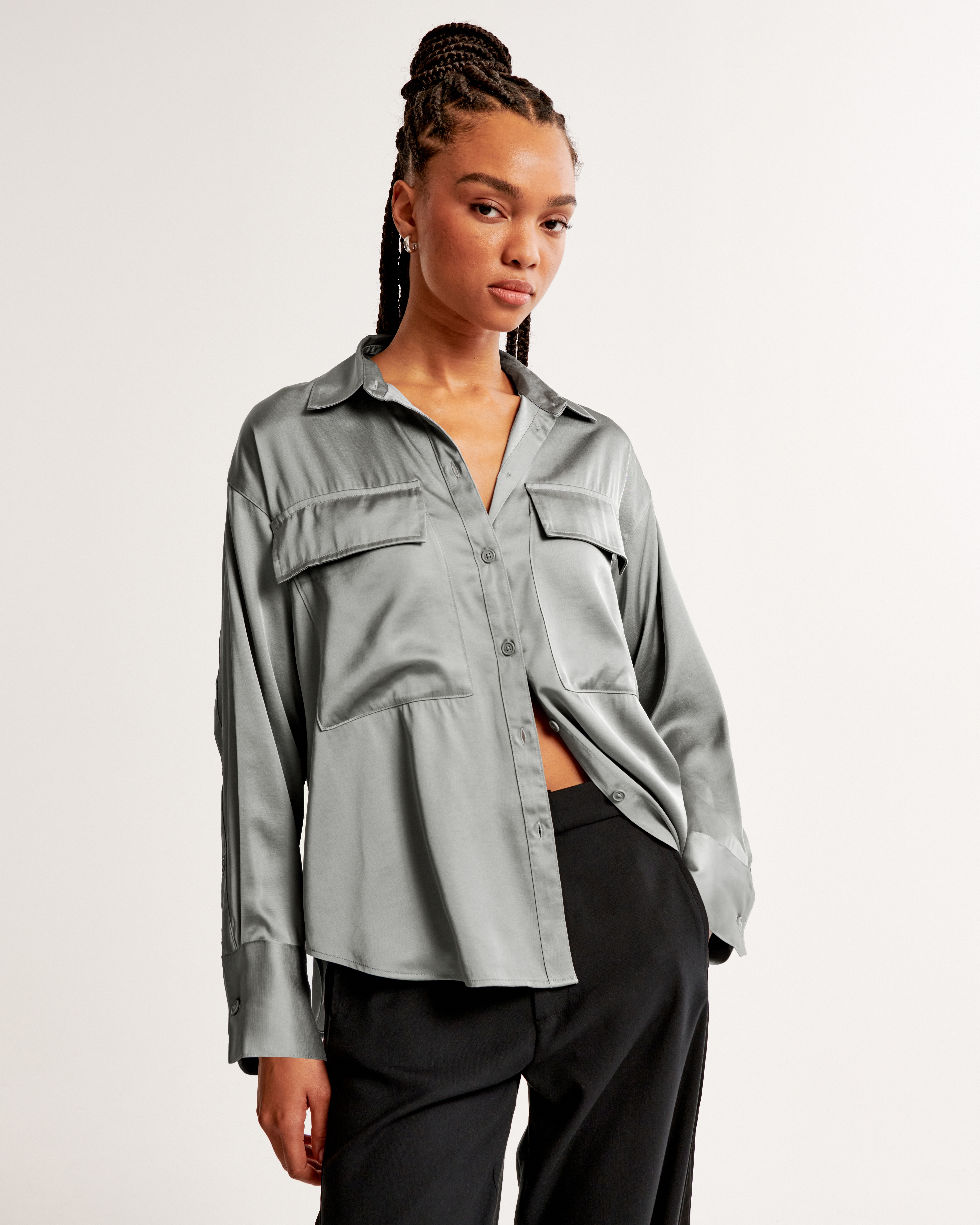 Oversized satin best sale button down shirt