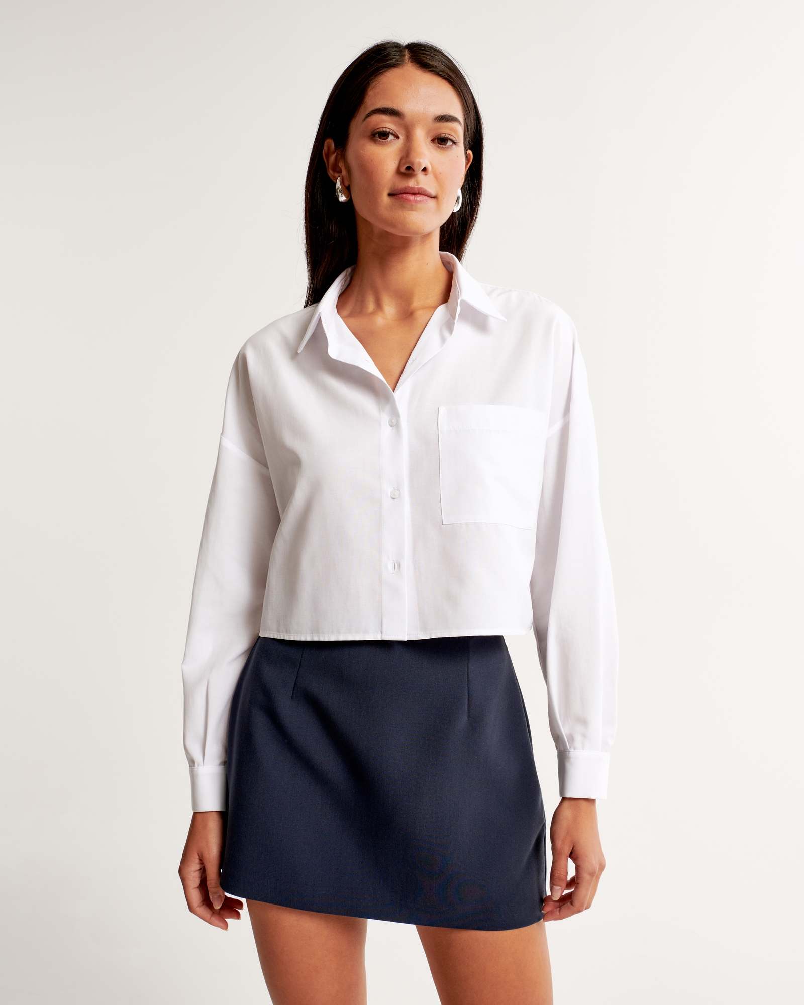 Long-Sleeve Cropped Cotton-Blend Shirt