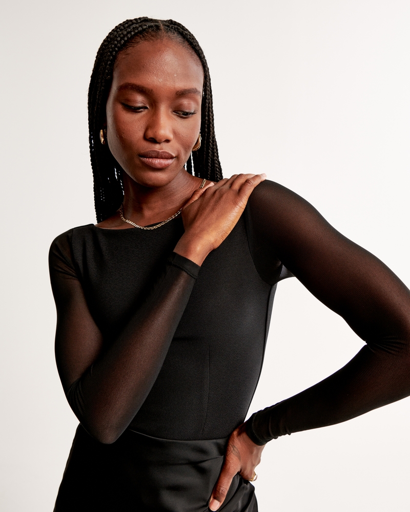 Women's Long-Sleeve Mesh Crepe Shell Bodysuit | Women's Clearance