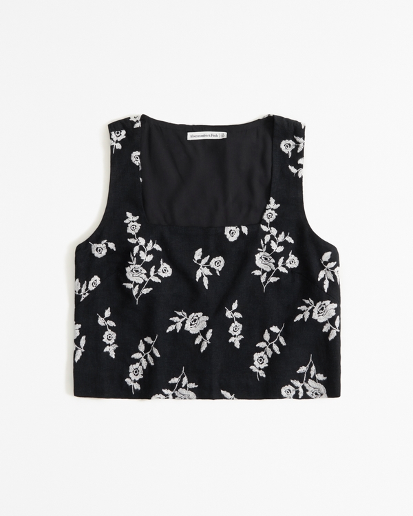 Linen-Blend Embroidered Squareneck Set Top, Black Floral