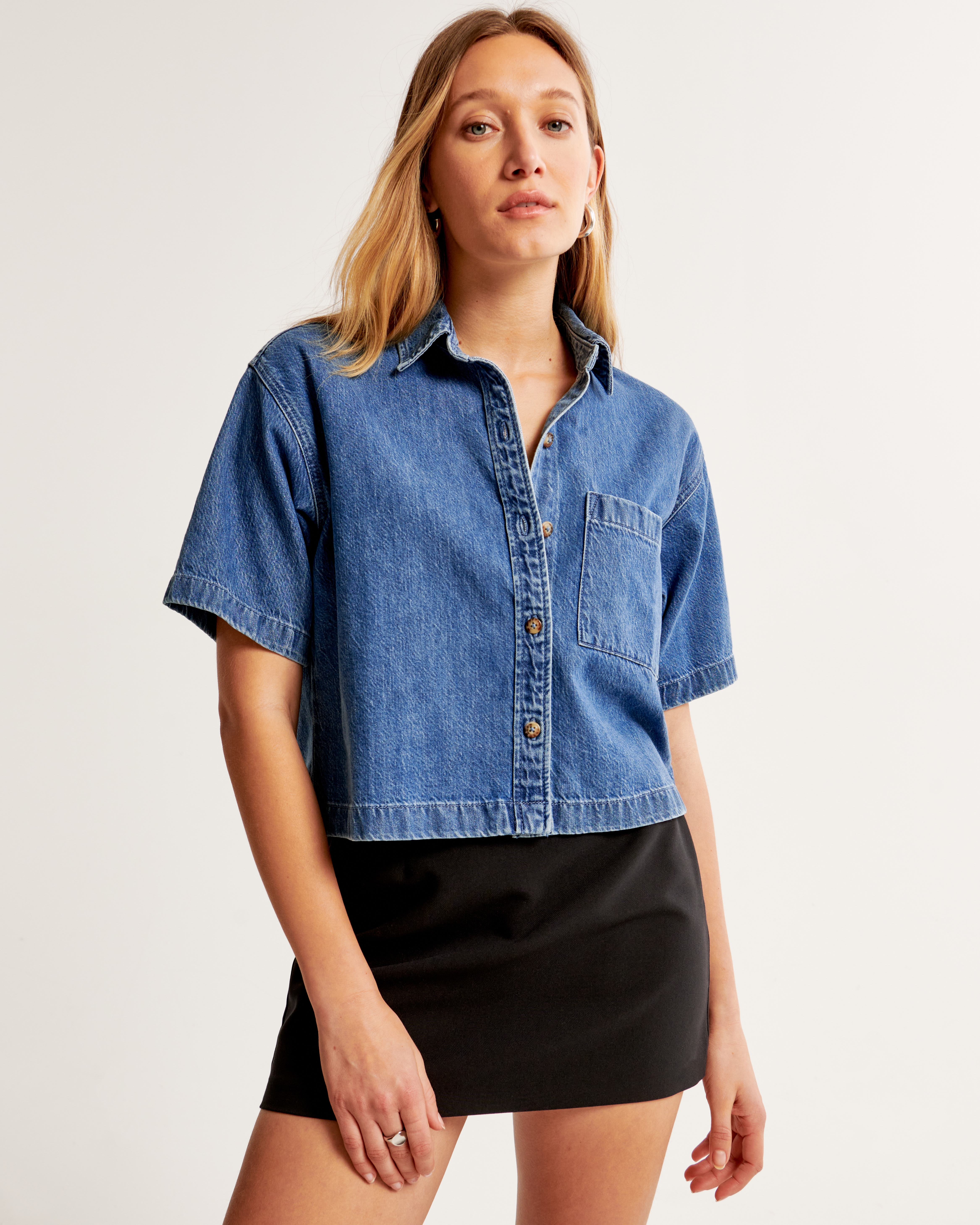 Ladies short 2024 sleeve denim shirt