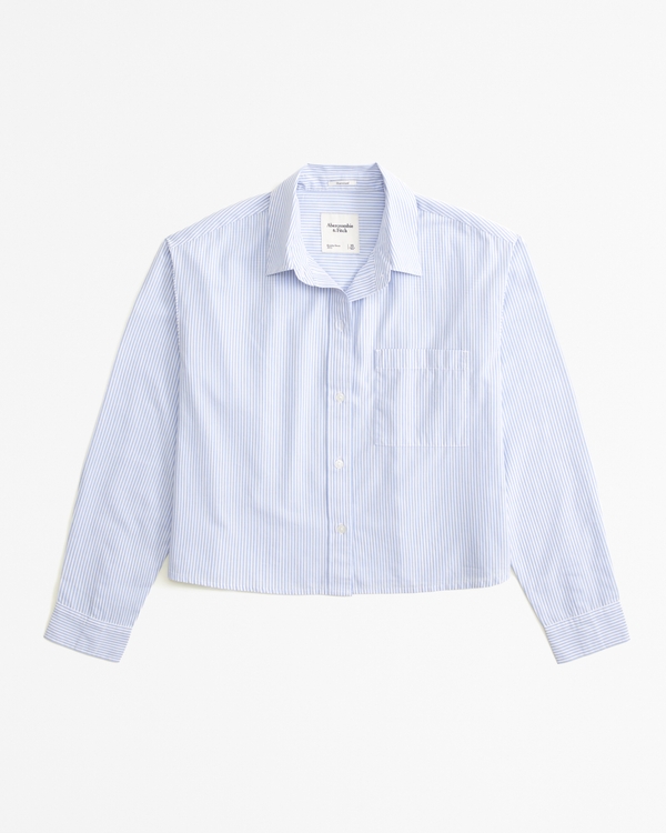 Oversized Cropped Poplin Shirt, Blue Stripe